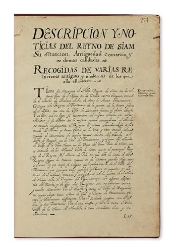 TRAVEL  SIAM.  Relacion de lo sucedido en el Reyno de Sian, El Año de [16]88. Facsimile(?) of an apparently unpublished manuscript.